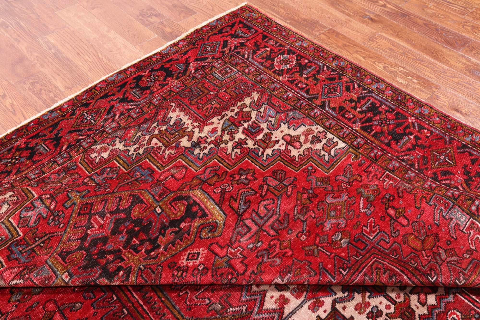 Red Vintage Persian Heriz Serapi Handmade Wool Rug - 8' 1" X 10' 9"
