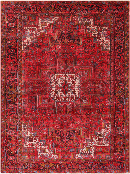 Red Vintage Persian Heriz Serapi Handmade Wool Rug - 8' 1" X 10' 9"