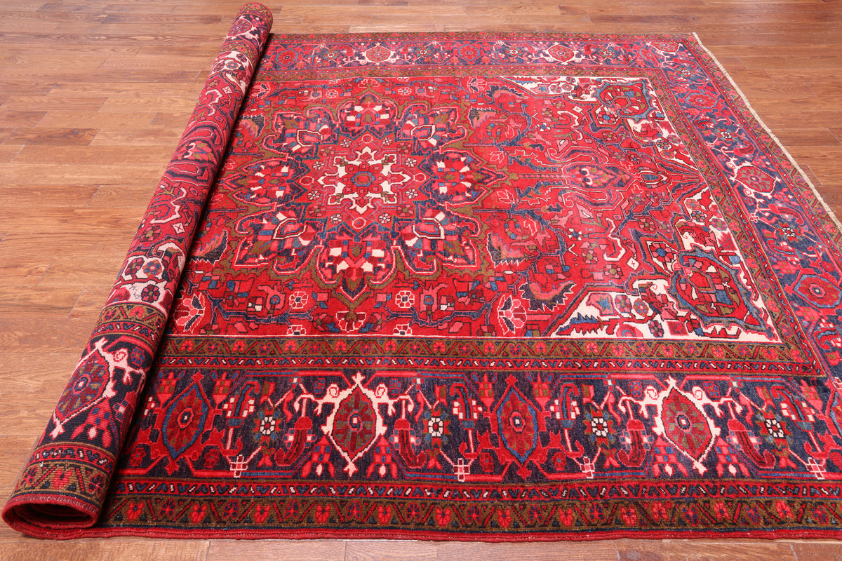 Red Vintage Persian Heriz Serapi Handmade Wool Rug - 8' 4" X 10' 4"