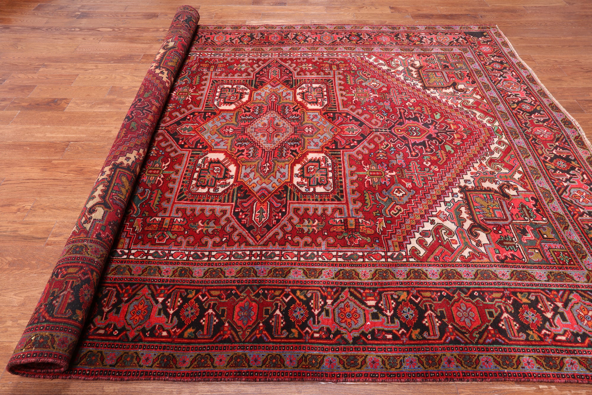 Red Vintage Persian Heriz Serapi Hand Knotted Wool Rug - 8' 0" X 10' 6"