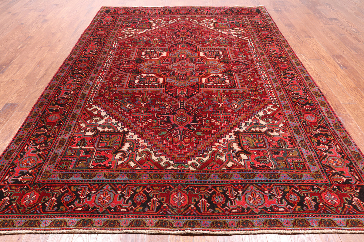 Red Vintage Persian Heriz Serapi Hand Knotted Wool Rug - 8' 0" X 10' 6"