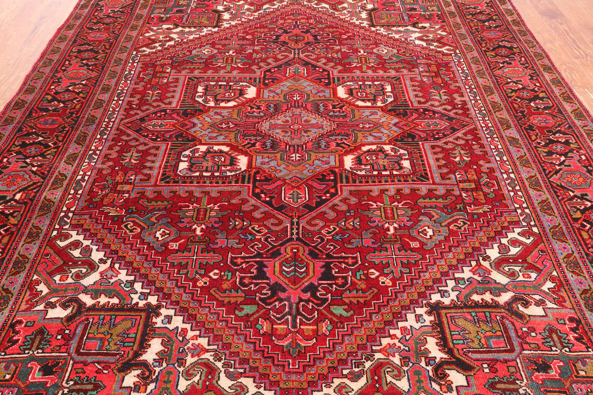 Red Vintage Persian Heriz Serapi Hand Knotted Wool Rug - 8' 0" X 10' 6"