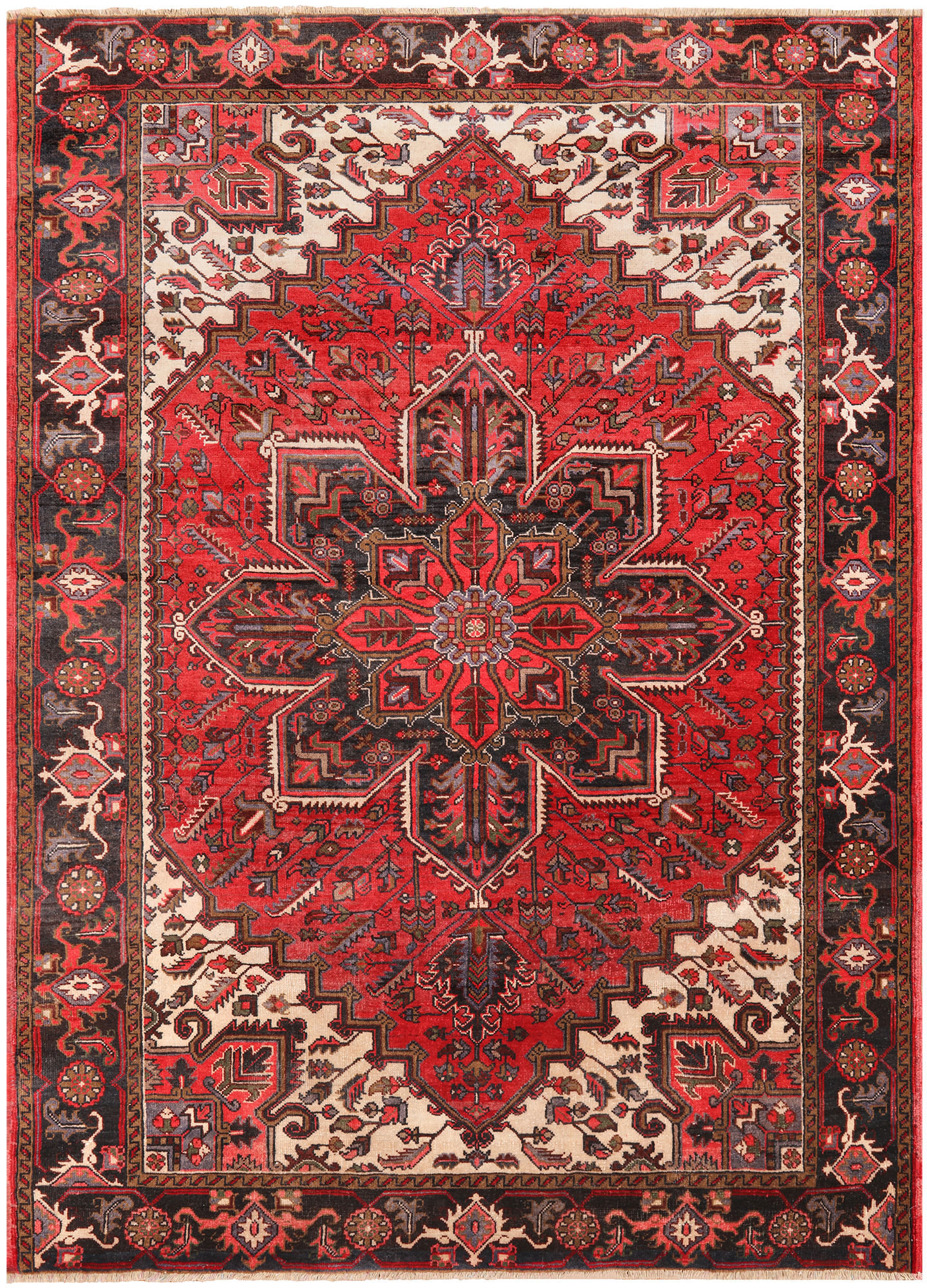 Red Vintage Persian Heriz Serapi Hand-Knotted Wool Rug - 6' 9" X 9' 3"