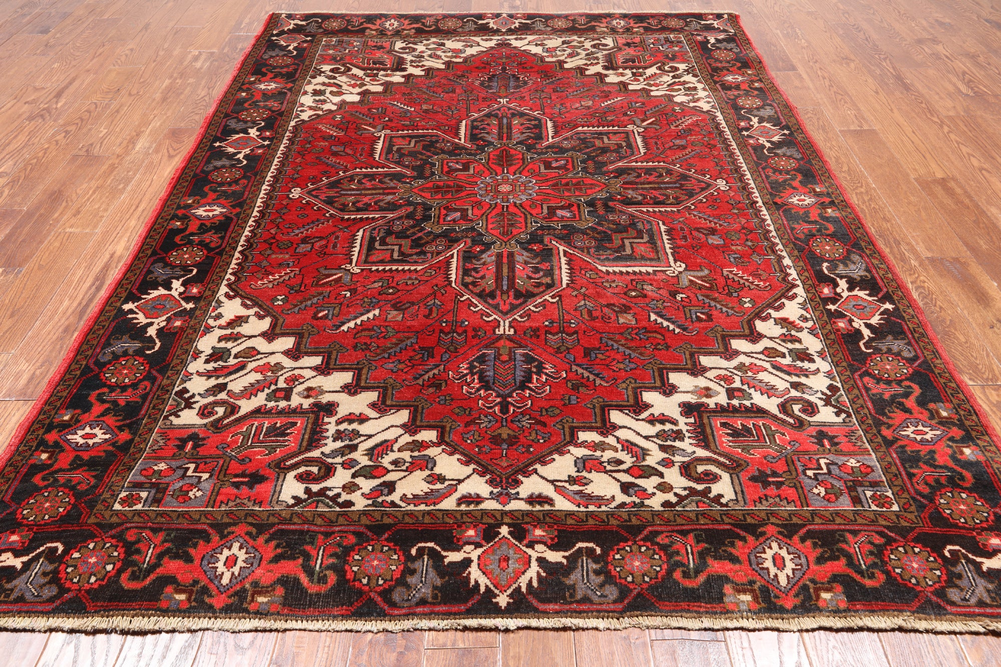 Red Vintage Persian Heriz Serapi Hand-Knotted Wool Rug - 6' 9" X 9' 3"
