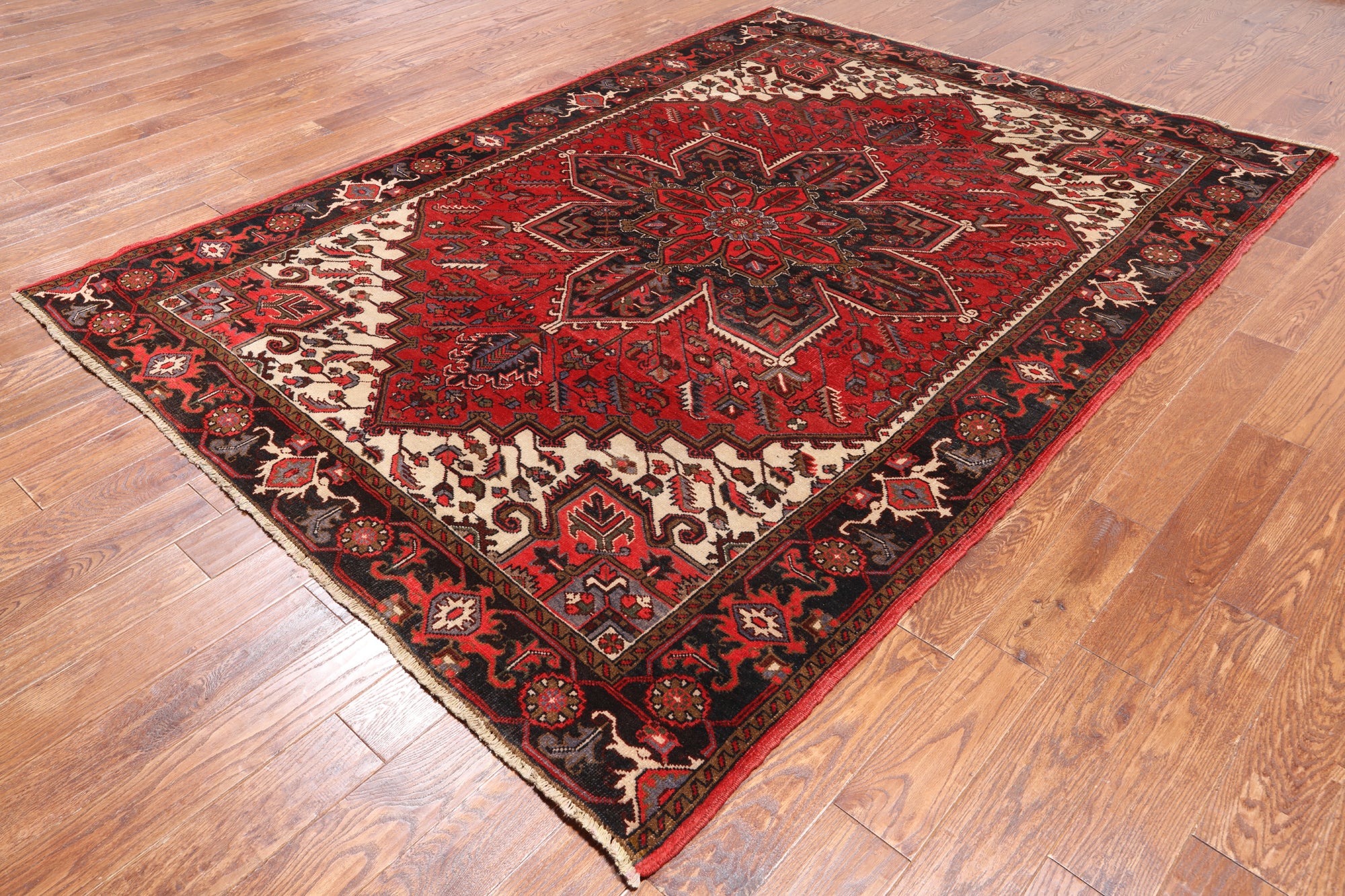 Red Vintage Persian Heriz Serapi Hand-Knotted Wool Rug - 6' 9" X 9' 3"