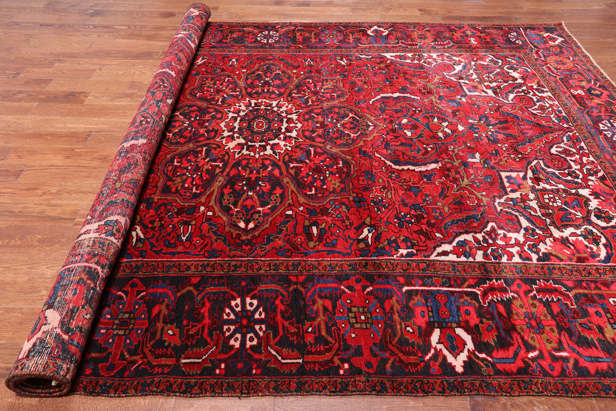 Red Vintage Persian Heriz Serapi Hand Knotted Wool Rug - 8' 8" X 12' 3"