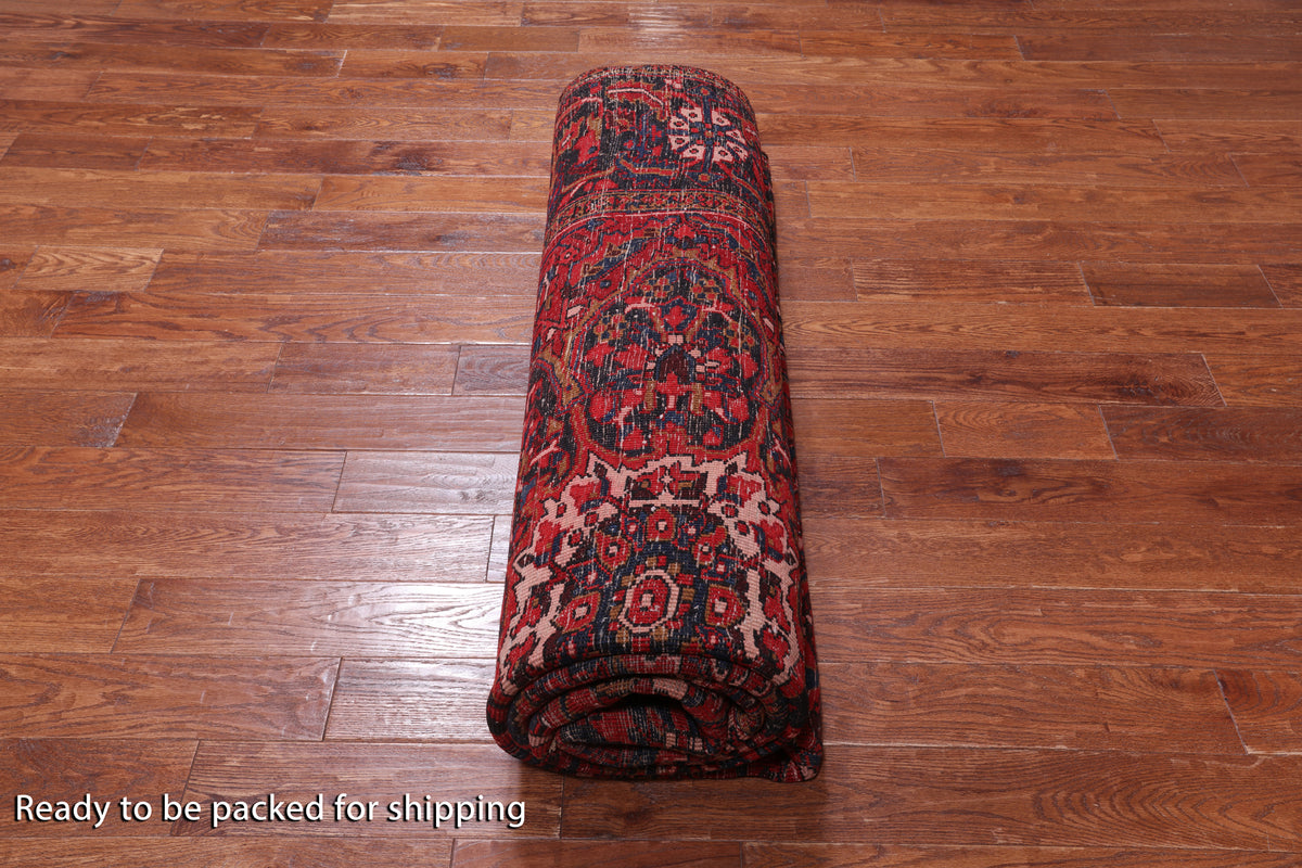 Red Vintage Persian Heriz Serapi Hand Knotted Wool Rug - 8' 8" X 12' 3"