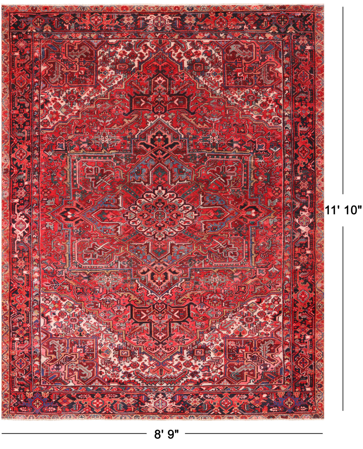 Red Vintage Persian Heriz Serapi Hand-Knotted Wool Rug - 8' 9" X 11' 10"