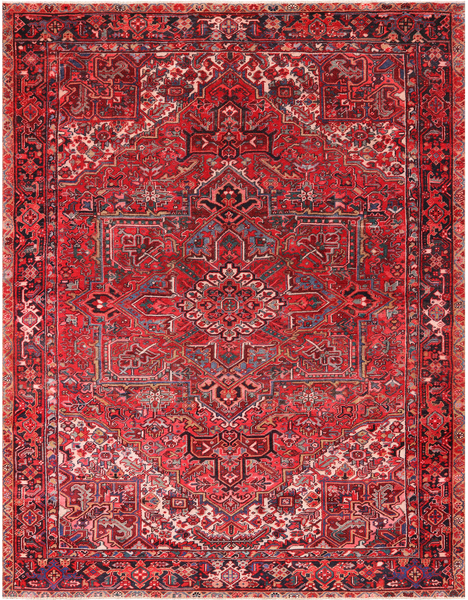 Red Vintage Persian Heriz Serapi Hand-Knotted Wool Rug - 8' 9" X 11' 10"