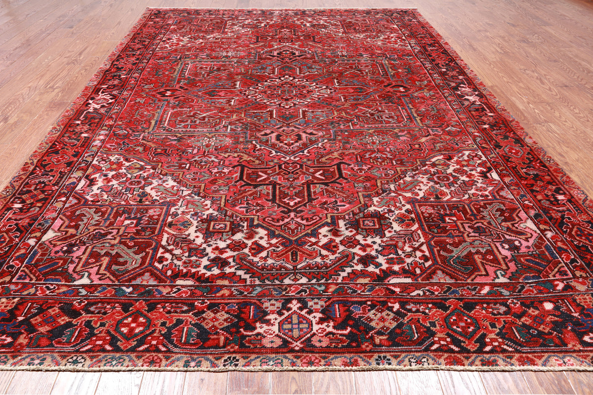 Red Vintage Persian Heriz Serapi Hand-Knotted Wool Rug - 8' 9" X 11' 10"