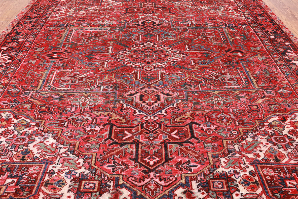 Red Vintage Persian Heriz Serapi Hand-Knotted Wool Rug - 8' 9" X 11' 10"