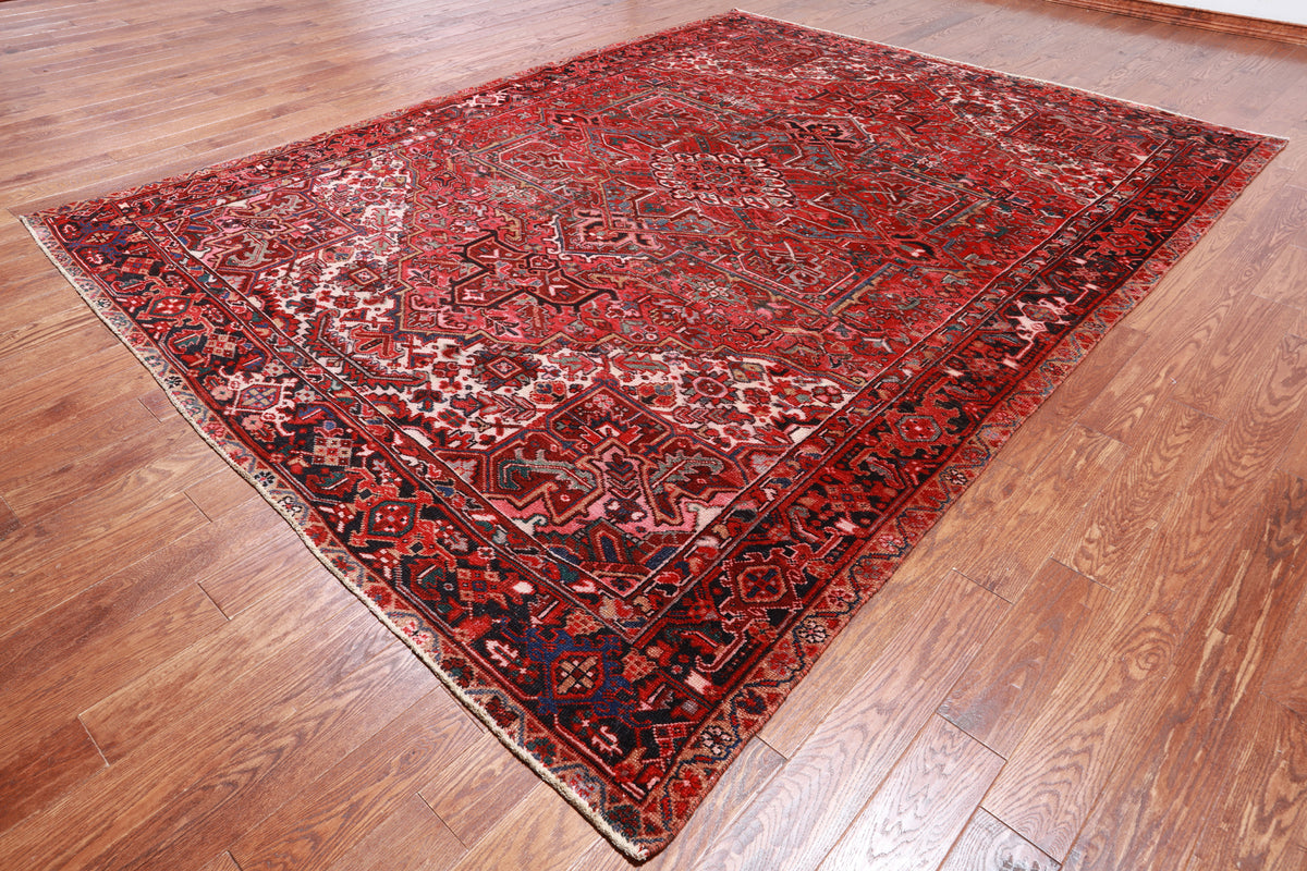 Red Vintage Persian Heriz Serapi Hand-Knotted Wool Rug - 8' 9" X 11' 10"