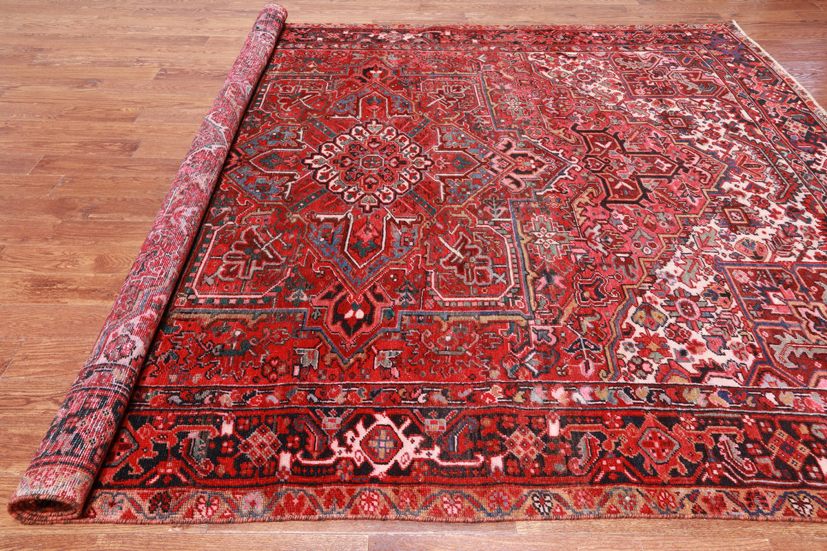 Red Vintage Persian Heriz Serapi Hand-Knotted Wool Rug - 8' 9" X 11' 10"