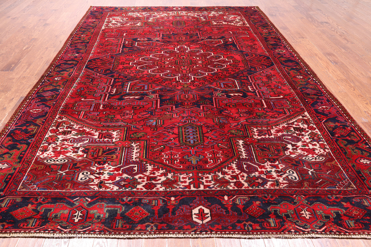 Red Vintage Persian Heriz Serapi Hand-Knotted Wool Rug - 8' 10" X 12' 3"