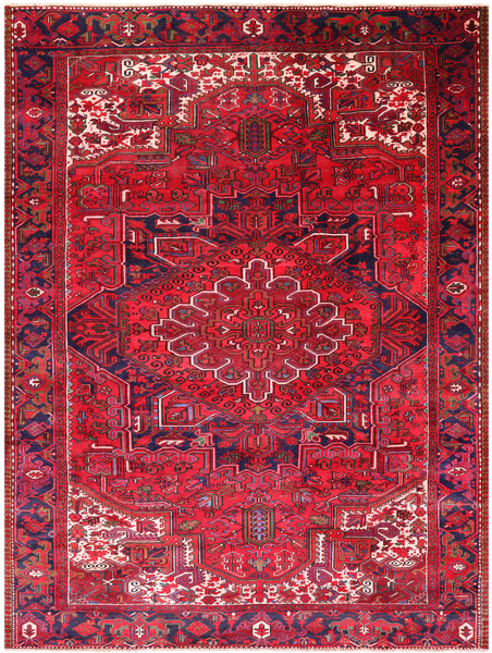 Red Vintage Persian Heriz Serapi Hand-Knotted Wool Rug - 8' 10" X 12' 3"