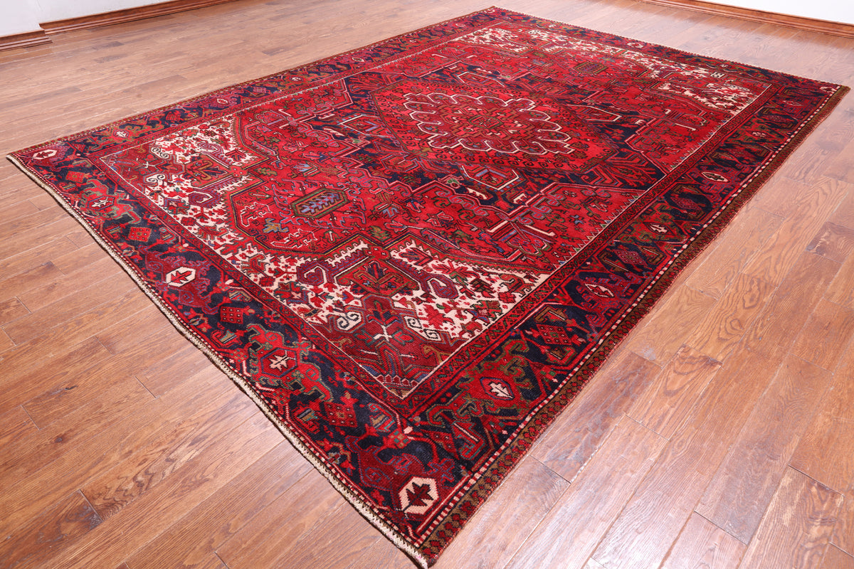 Red Vintage Persian Heriz Serapi Hand-Knotted Wool Rug - 8' 10" X 12' 3"