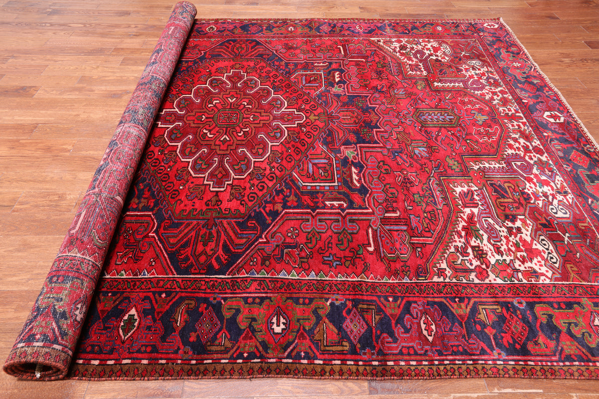 Red Vintage Persian Heriz Serapi Hand-Knotted Wool Rug - 8' 10" X 12' 3"