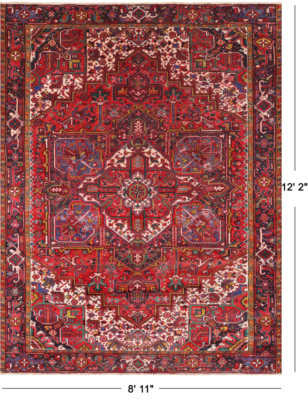 Red Vintage Persian Heriz Serapi Hand Knotted Wool Rug - 8' 11" X 12' 2"