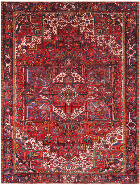 Red Vintage Persian Heriz Serapi Hand Knotted Wool Rug - 8' 11" X 12' 2"