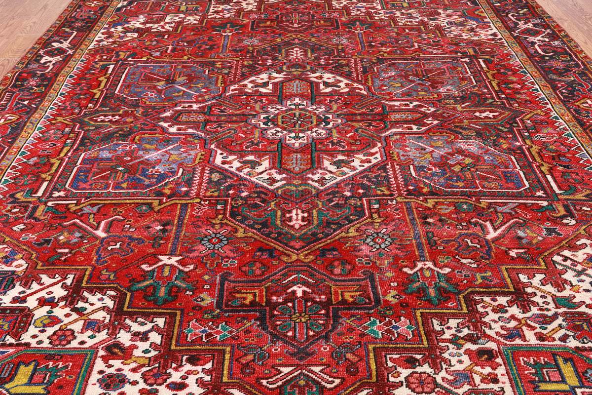 Red Vintage Persian Heriz Serapi Hand Knotted Wool Rug - 8' 11" X 12' 2"