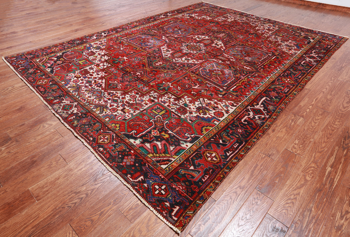 Red Vintage Persian Heriz Serapi Hand Knotted Wool Rug - 8' 11" X 12' 2"