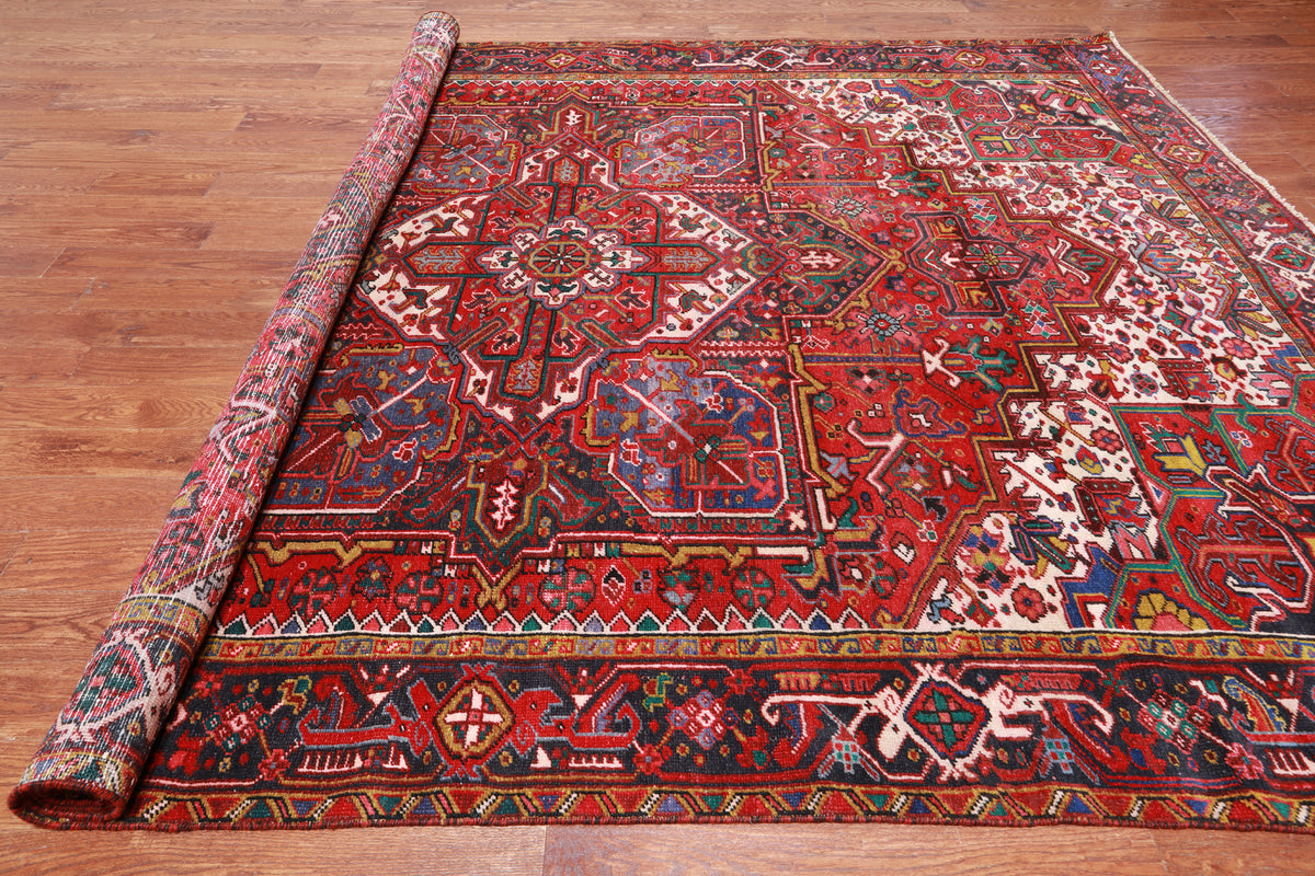Red Vintage Persian Heriz Serapi Hand Knotted Wool Rug - 8' 11" X 12' 2"