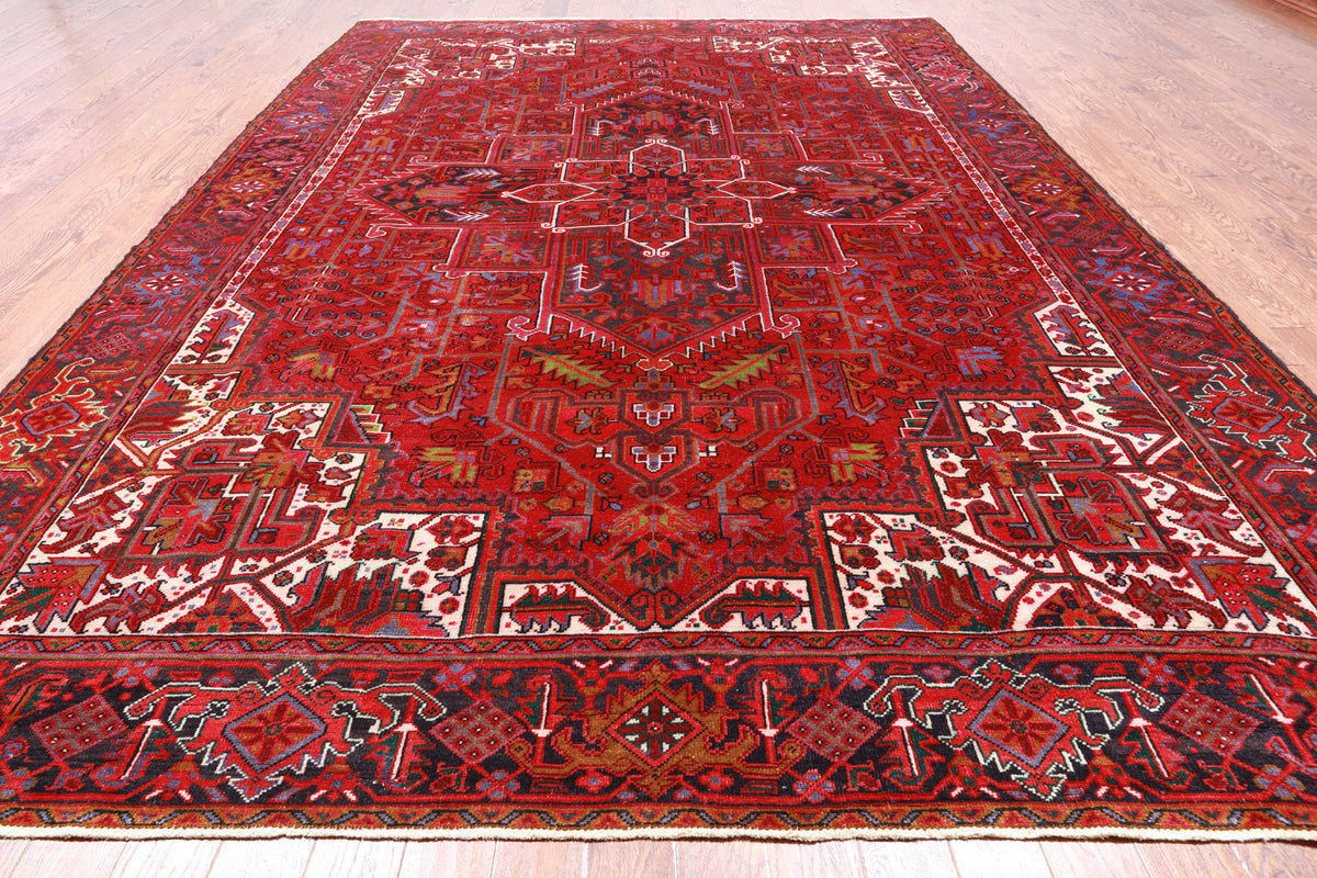 Red Vintage Persian Heriz Serapi Handmade Wool Rug - 9' 7" X 13' 3"