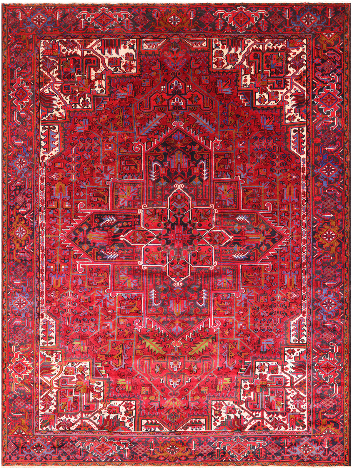 Red Vintage Persian Heriz Serapi Handmade Wool Rug - 9' 7" X 13' 3"