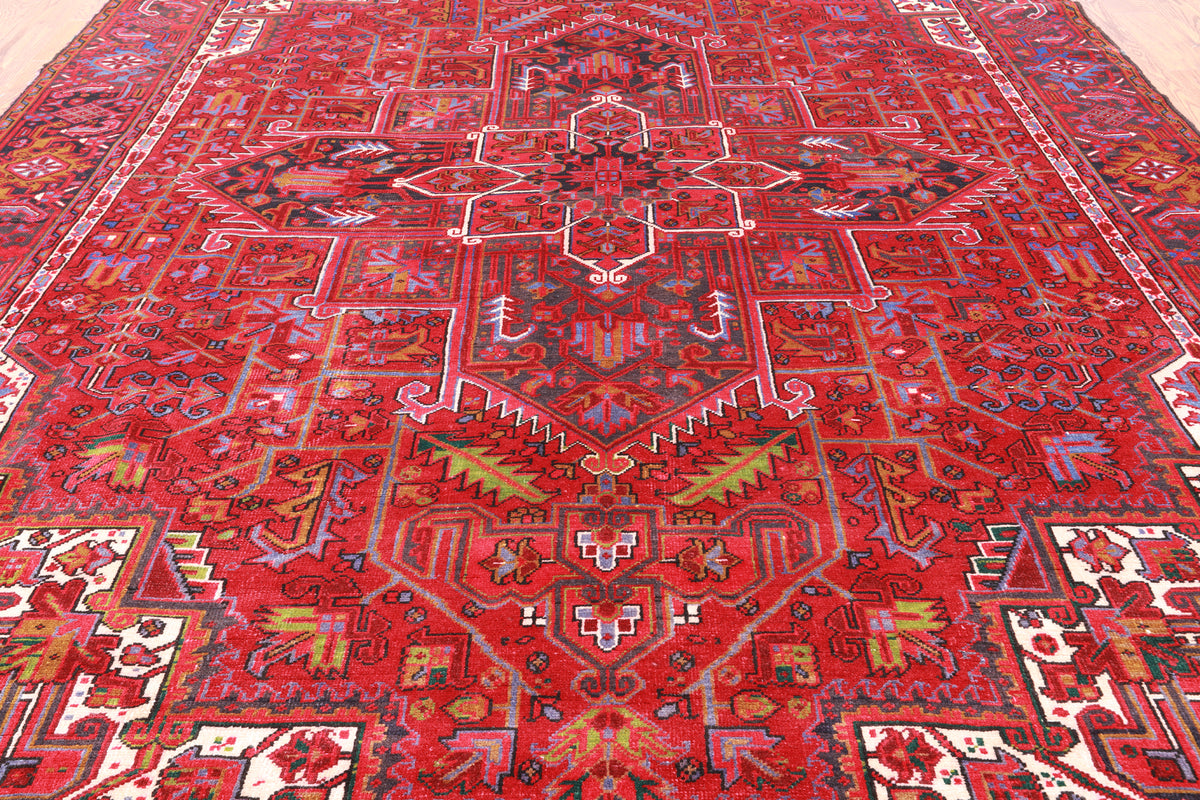 Red Vintage Persian Heriz Serapi Handmade Wool Rug - 9' 7" X 13' 3"