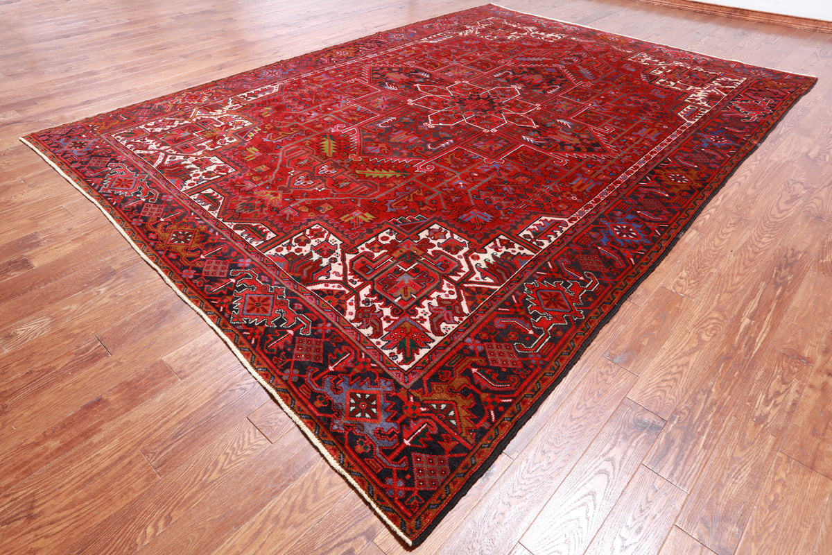 Red Vintage Persian Heriz Serapi Handmade Wool Rug - 9' 7" X 13' 3"