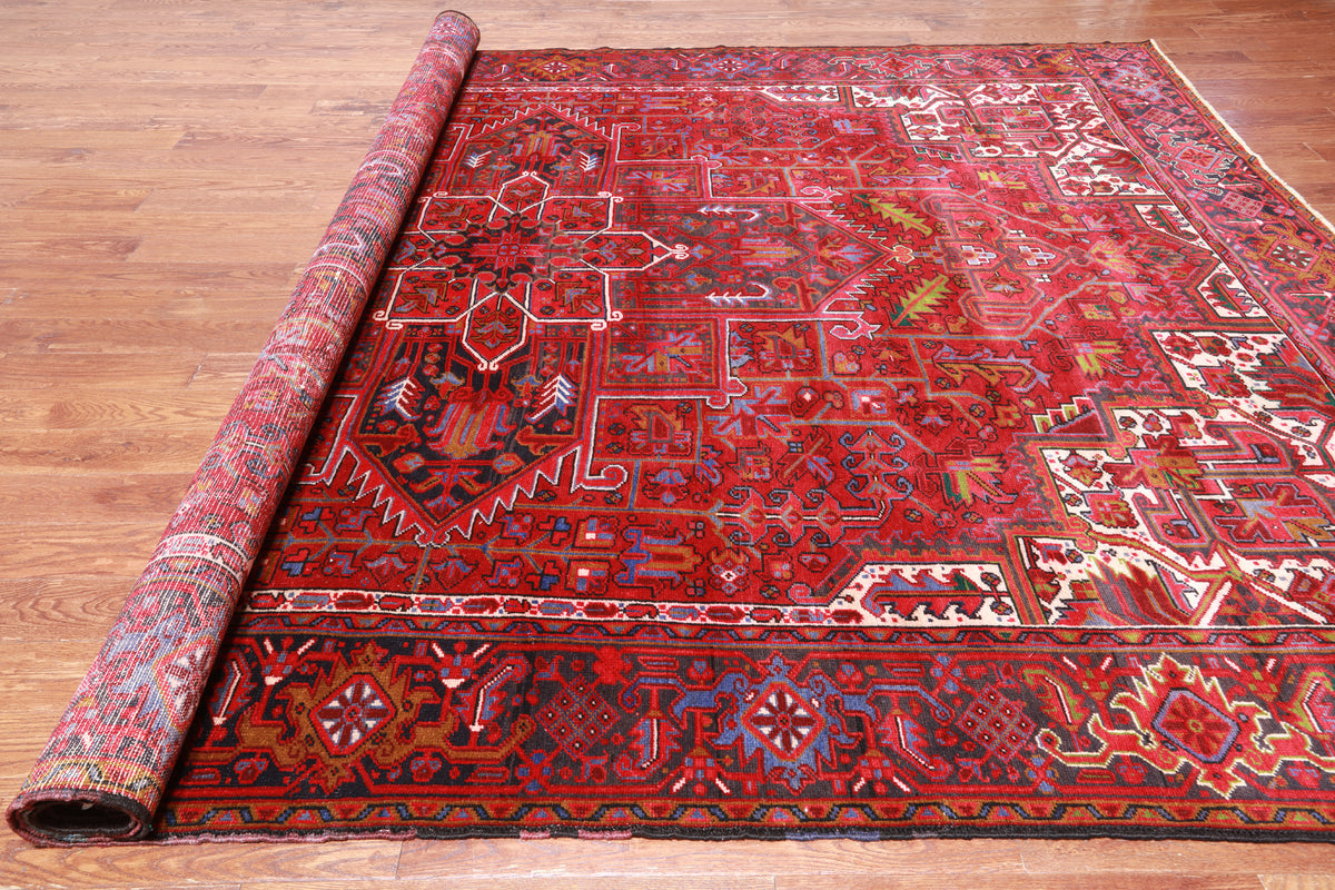 Red Vintage Persian Heriz Serapi Handmade Wool Rug - 9' 7" X 13' 3"