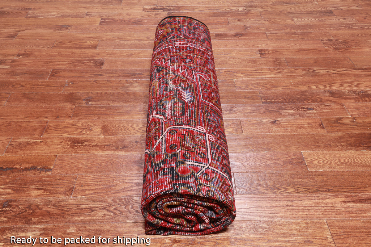 Red Vintage Persian Heriz Serapi Handmade Wool Rug - 9' 7" X 13' 3"