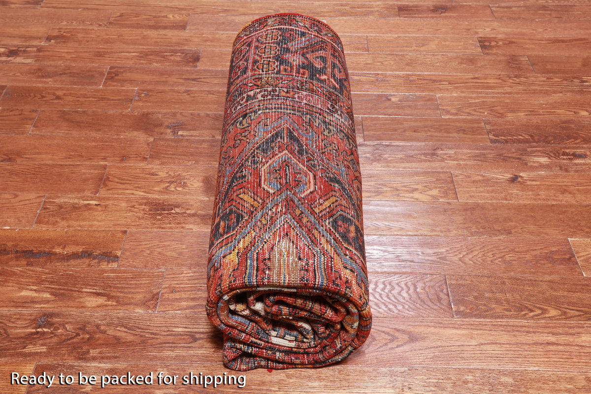 Red Vintage Persian Heriz Serapi Hand-Knotted Wool Rug - 9' 6" X 12' 7"