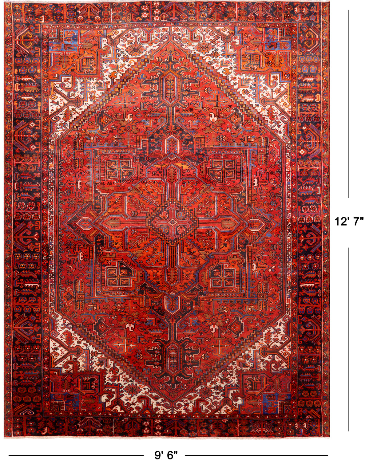 Red Vintage Persian Heriz Serapi Hand-Knotted Wool Rug - 9' 6" X 12' 7"