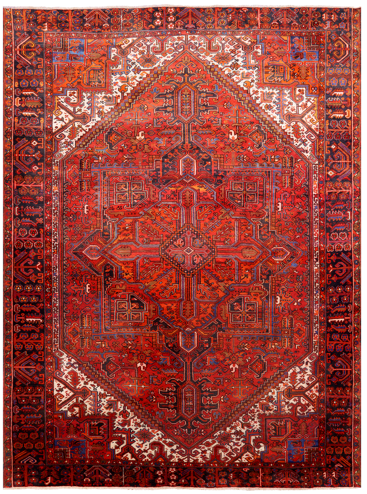 Red Vintage Persian Heriz Serapi Hand-Knotted Wool Rug - 9' 6" X 12' 7"