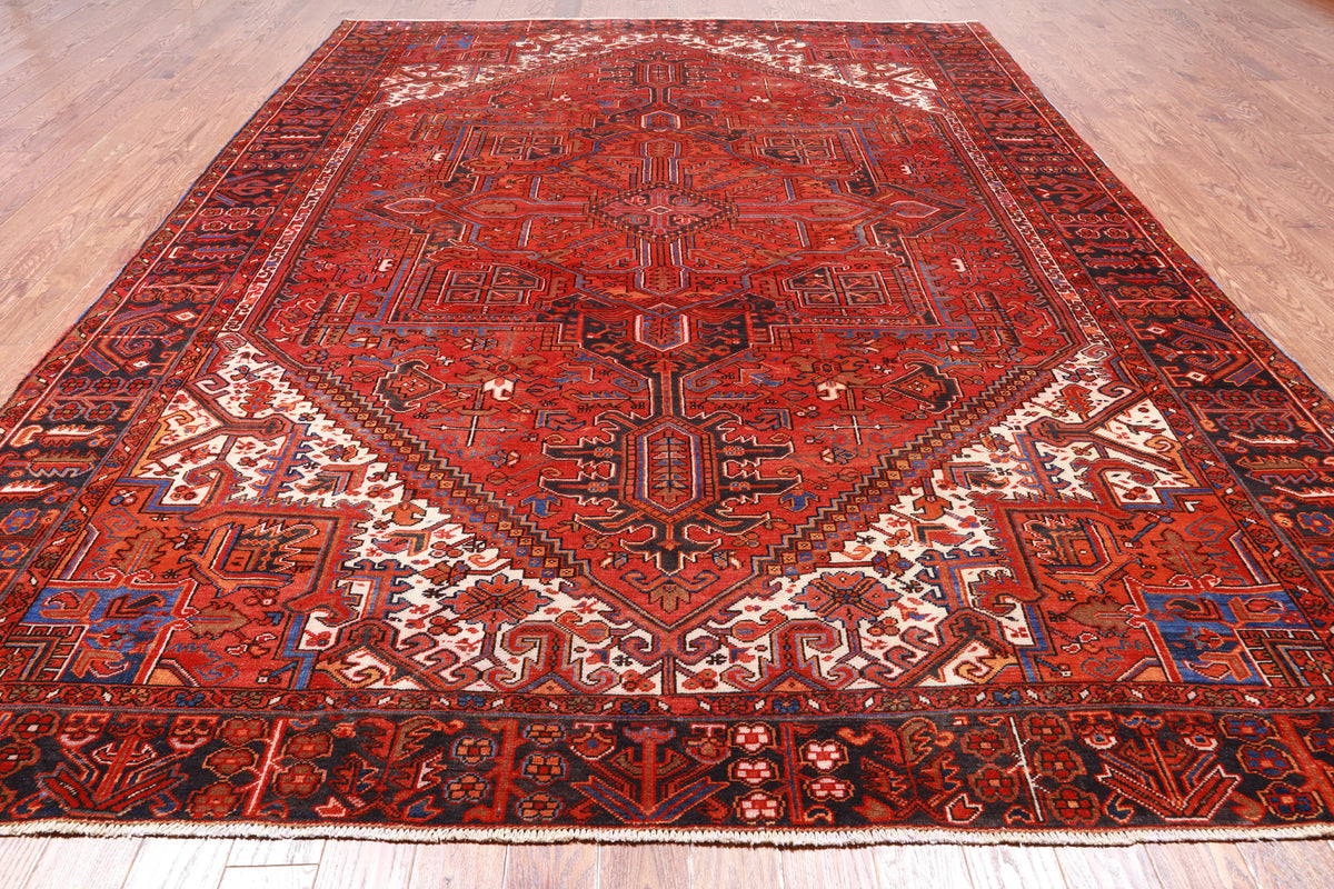 Red Vintage Persian Heriz Serapi Hand-Knotted Wool Rug - 9' 6" X 12' 7"