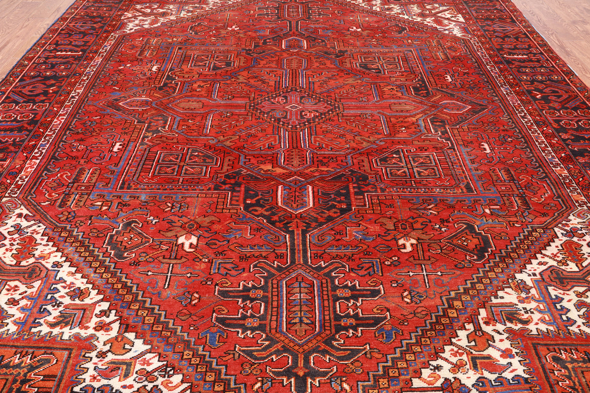 Red Vintage Persian Heriz Serapi Hand-Knotted Wool Rug - 9' 6" X 12' 7"
