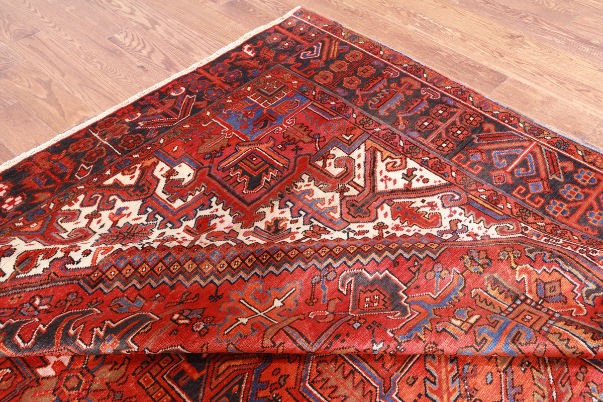 Red Vintage Persian Heriz Serapi Hand-Knotted Wool Rug - 9' 6" X 12' 7"