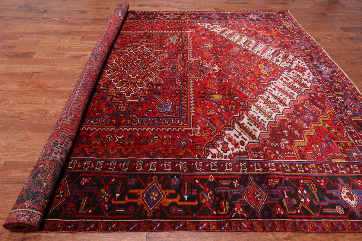 Red Vintage Persian Heriz Serapi Hand-Knotted Wool Rug - 9' 9" X 13' 2"