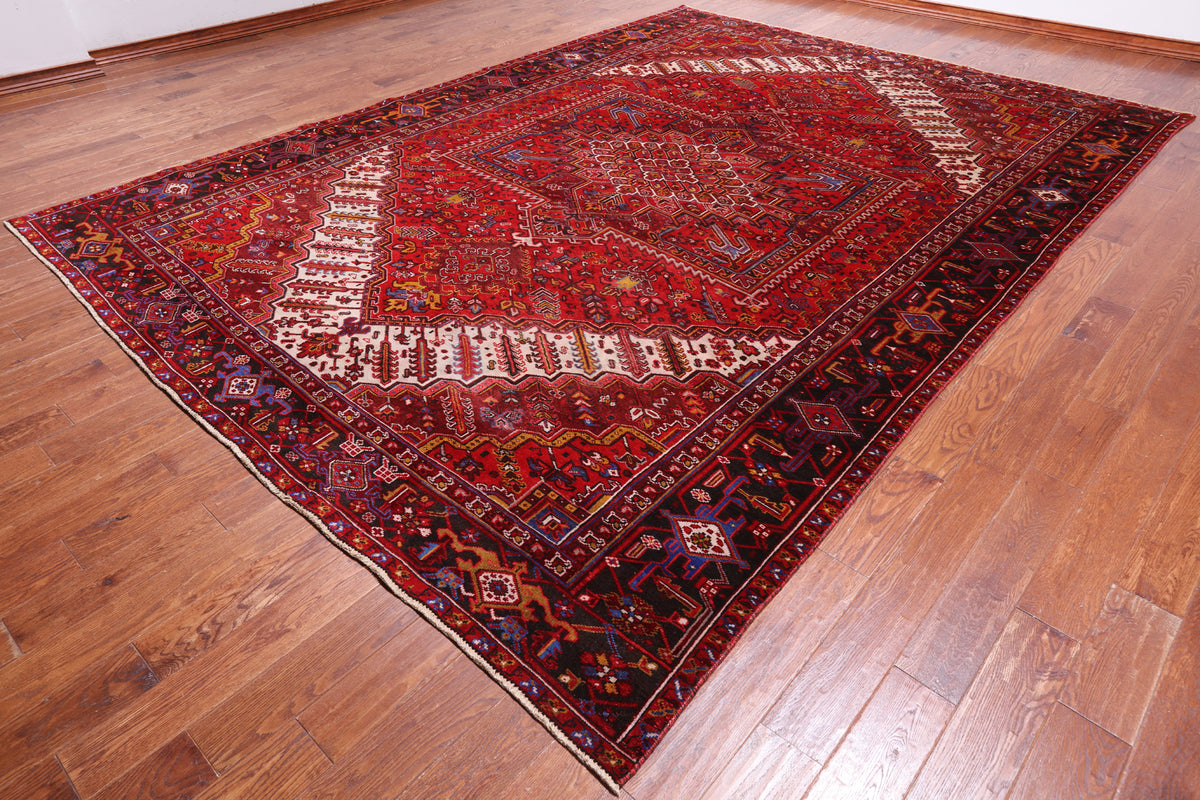 Red Vintage Persian Heriz Serapi Hand-Knotted Wool Rug - 9' 9" X 13' 2"