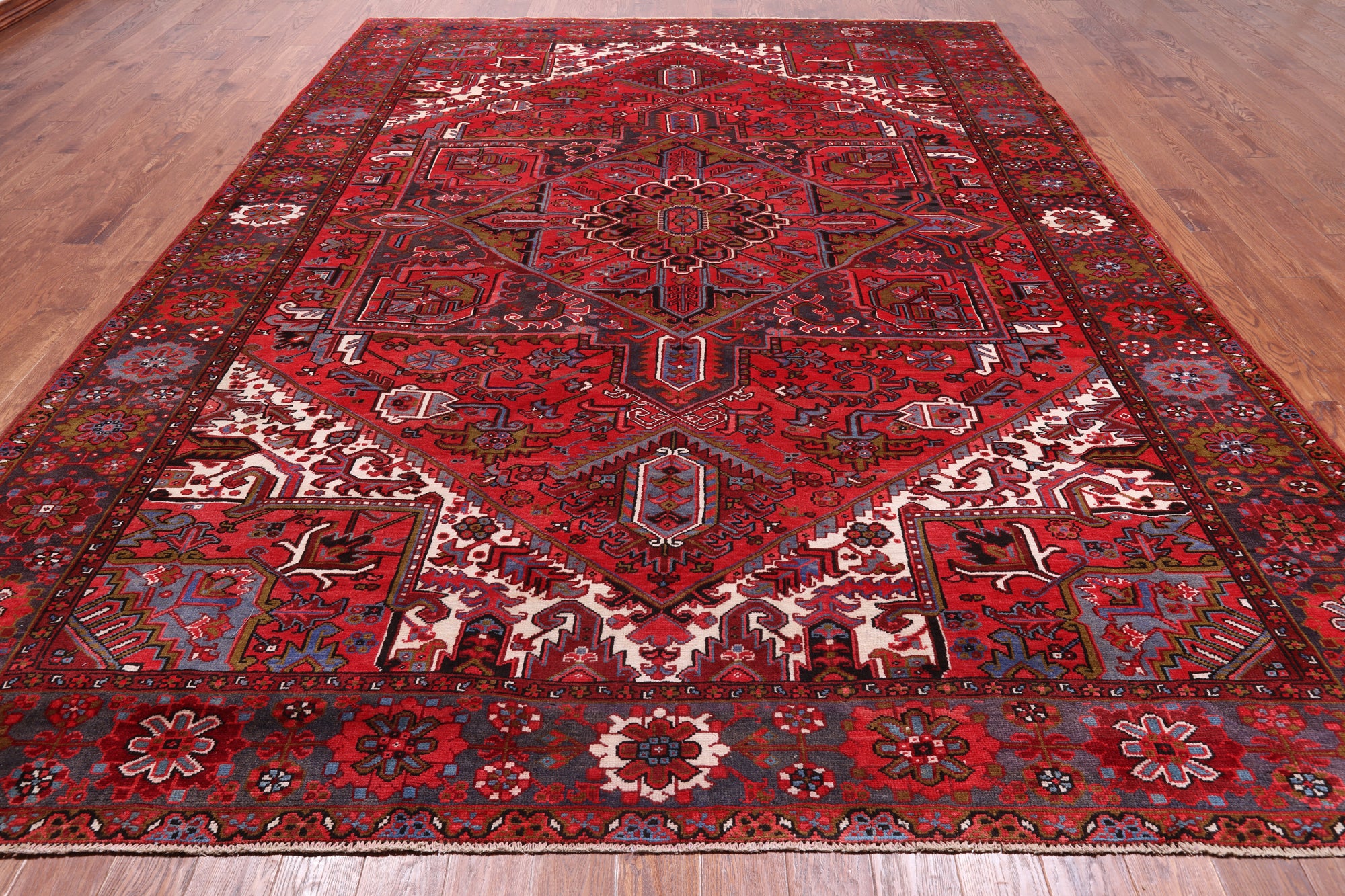Red Vintage Persian Heriz Serapi Hand Knotted Wool Rug - 9' 9" X 12' 7"
