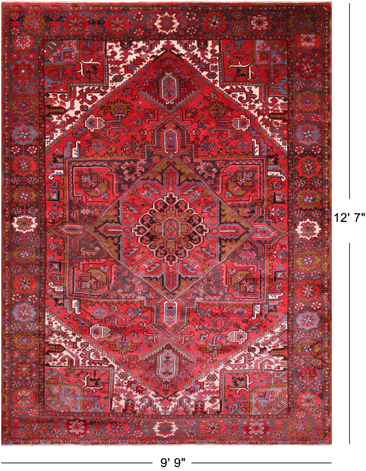 Red Vintage Persian Heriz Serapi Hand Knotted Wool Rug - 9' 9" X 12' 7"