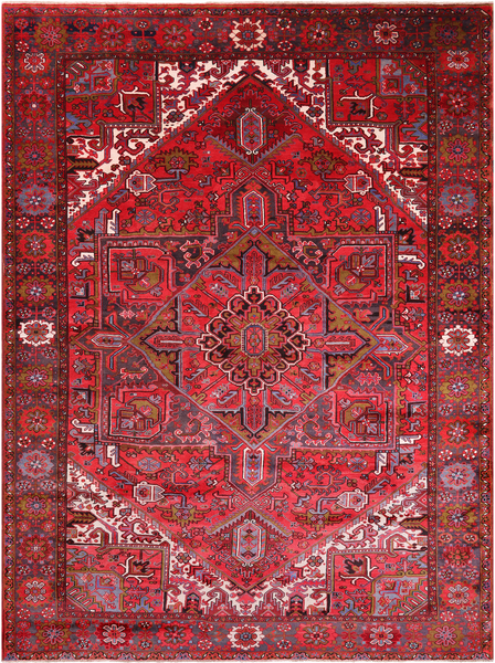 Red Vintage Persian Heriz Serapi Hand Knotted Wool Rug - 9' 9" X 12' 7"