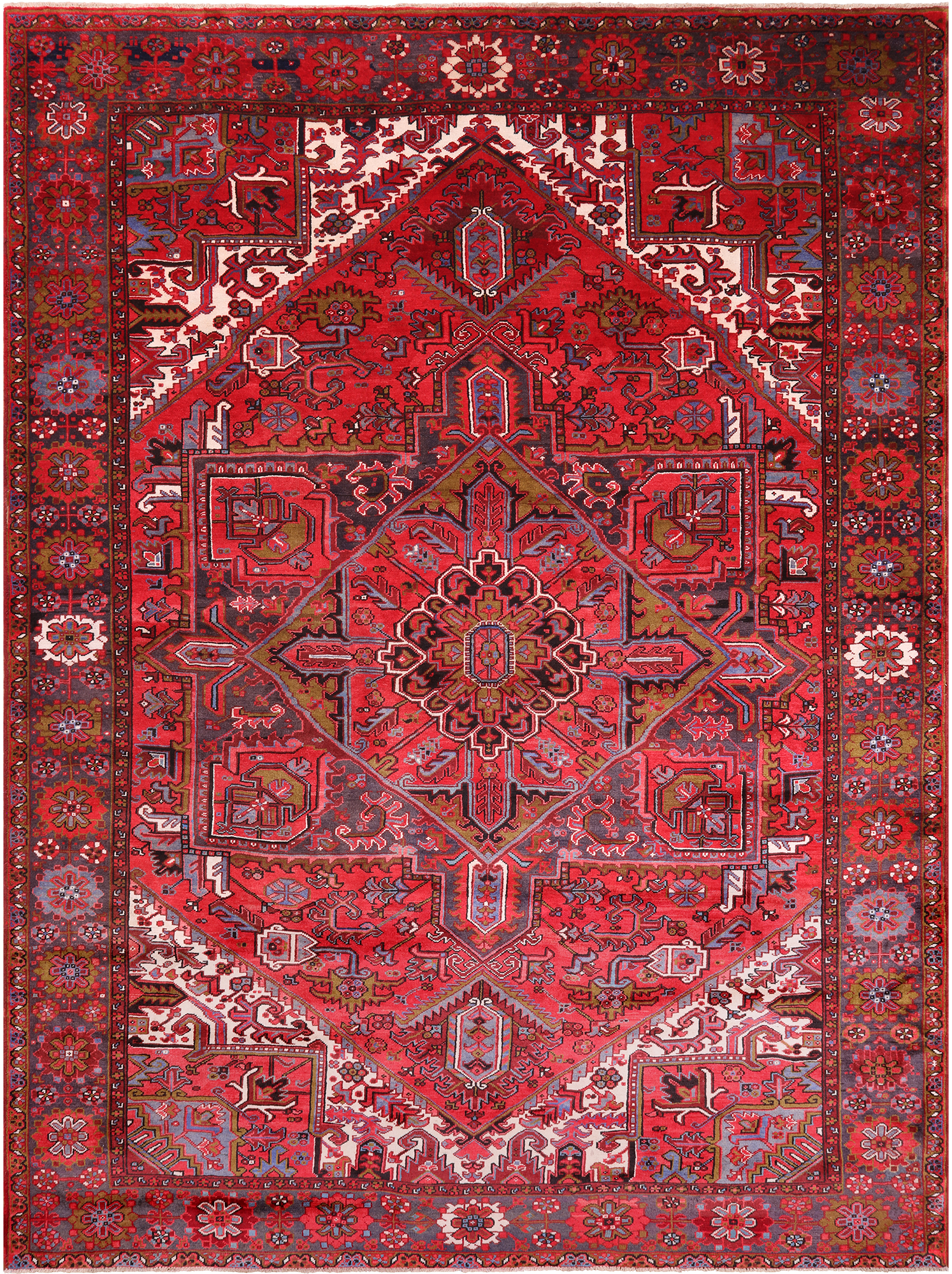 Red Vintage Persian Heriz Serapi Hand Knotted Wool Rug - 9' 9" X 12' 7"