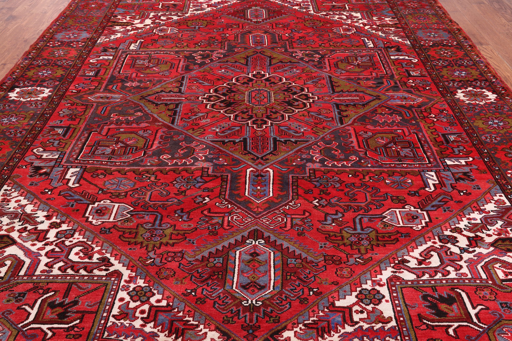 Red Vintage Persian Heriz Serapi Hand Knotted Wool Rug - 9' 9" X 12' 7"