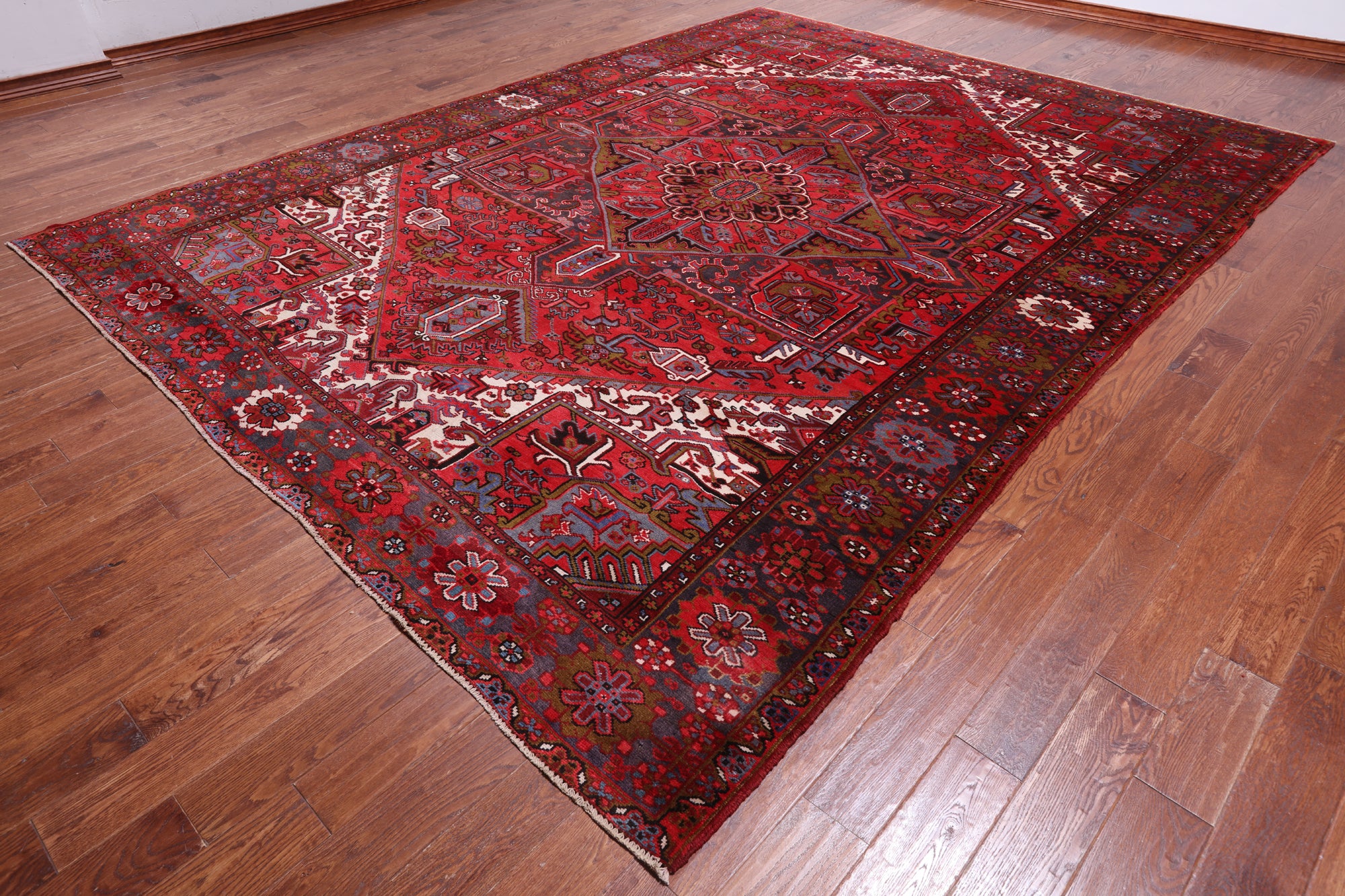 Red Vintage Persian Heriz Serapi Hand Knotted Wool Rug - 9' 9" X 12' 7"