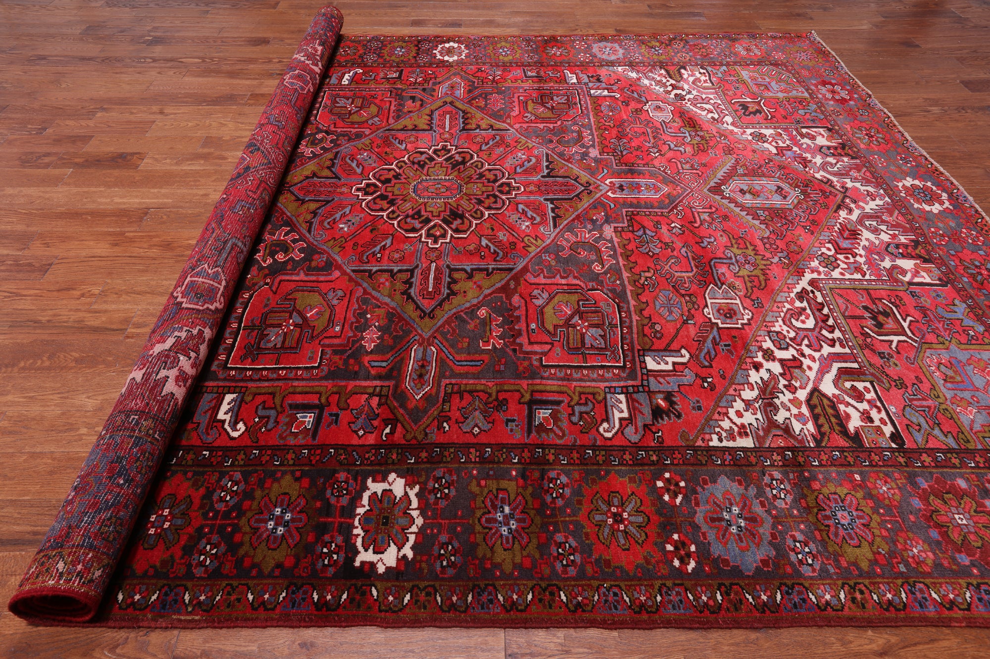 Red Vintage Persian Heriz Serapi Hand Knotted Wool Rug - 9' 9" X 12' 7"