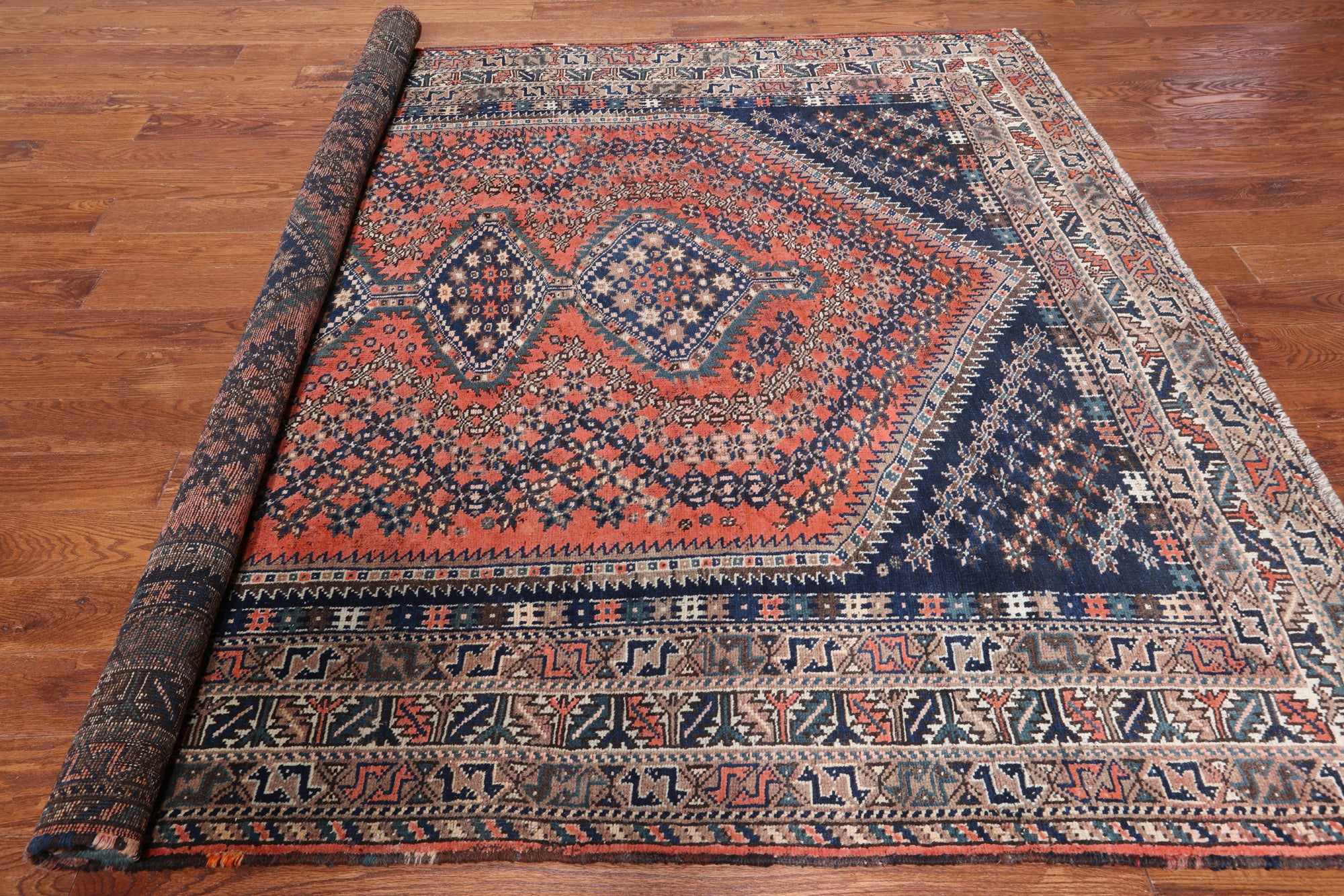 Rust Vintage Persian Shiraz Hand-Knotted Wool On Wool Rug - 7' 2" X 9' 0"