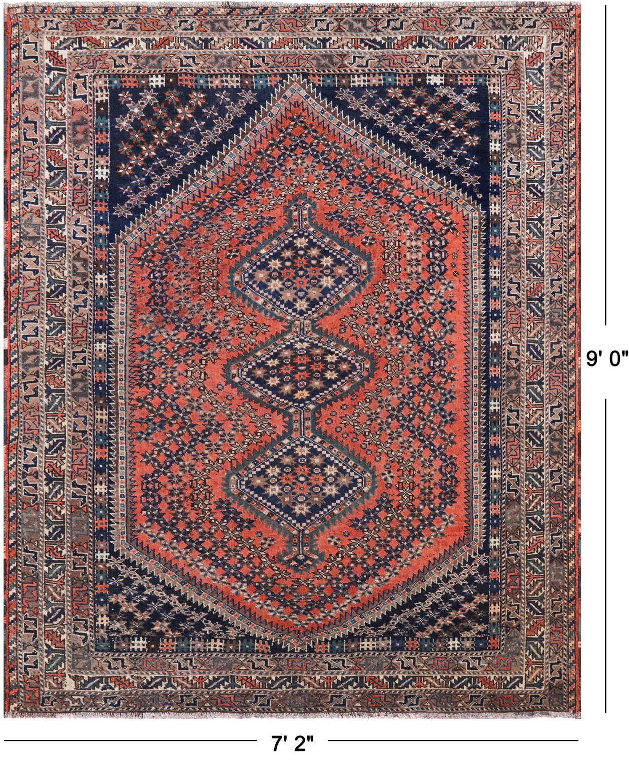 Rust Vintage Persian Shiraz Hand-Knotted Wool On Wool Rug - 7' 2" X 9' 0"
