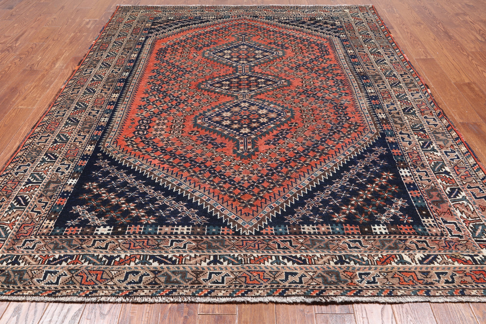Rust Vintage Persian Shiraz Hand-Knotted Wool On Wool Rug - 7' 2" X 9' 0"